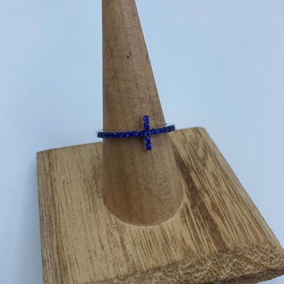 Blue Sapphire Cz Sterling Silver Sideways Cross Ring Size 7 - Picture 4 of 14